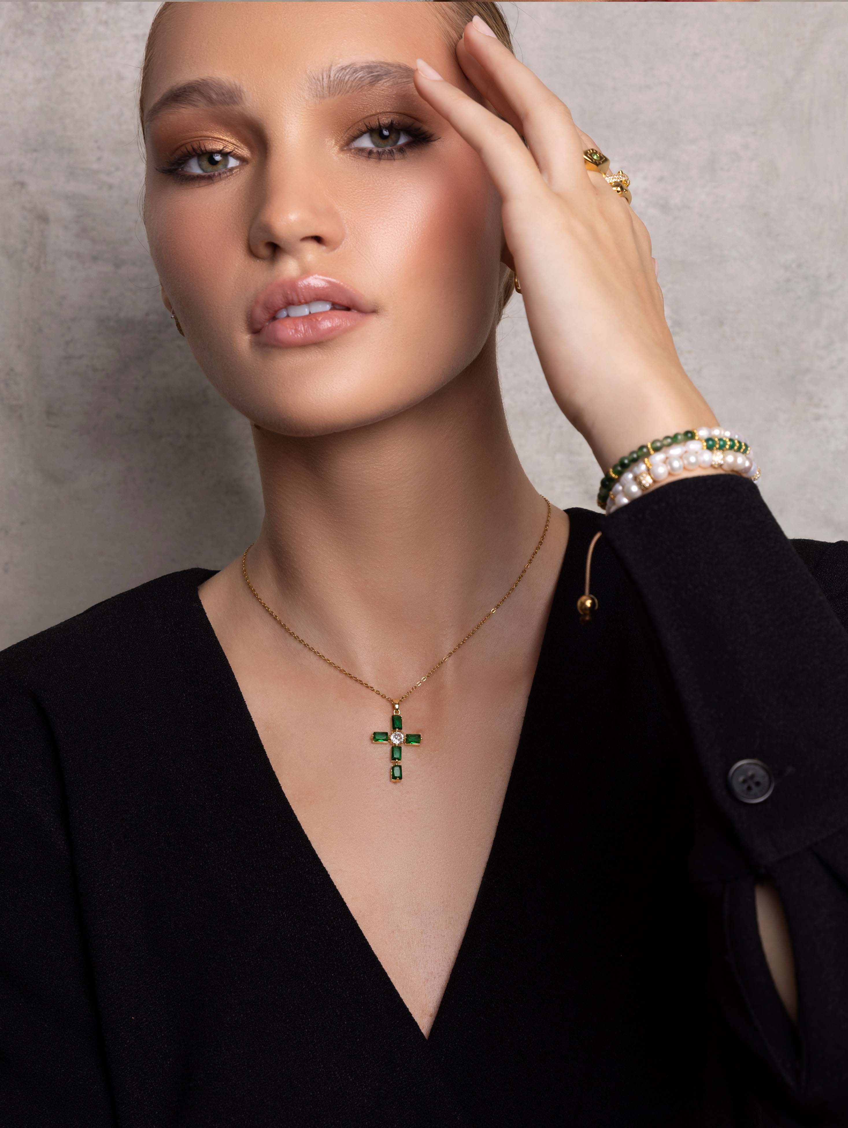 Women's Green CZ Cross Necklace 2